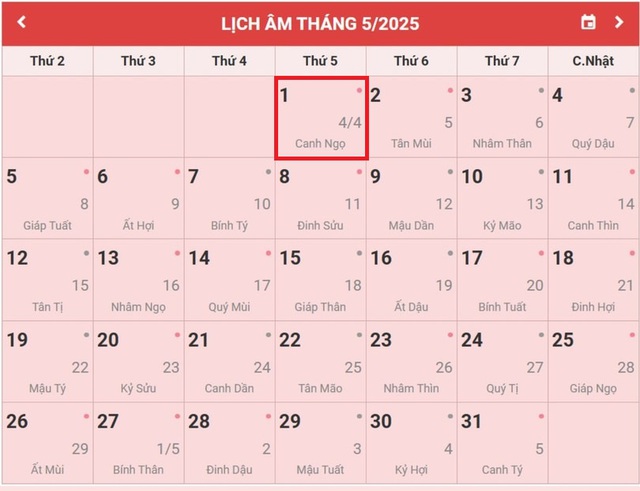 Lịch âm 1/5 - Âm lịch hôm nay 1/5 - Lịch vạn niên ngày 1/5/2025- Ảnh 1.