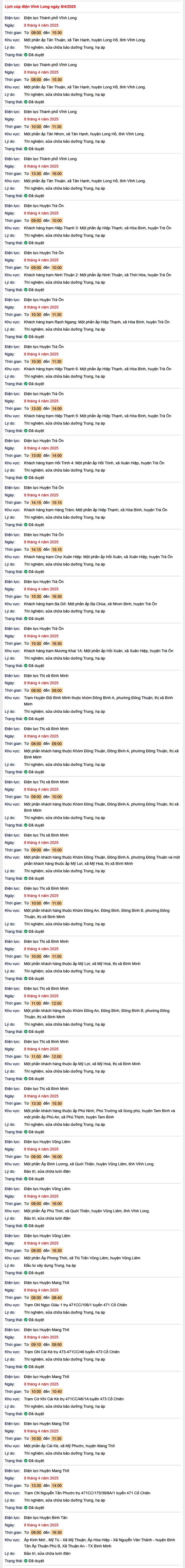 Lịch cúp điện hôm nay Thứ 3 ngày 8/4/2025 tại Vĩnh Long- Ảnh 1.