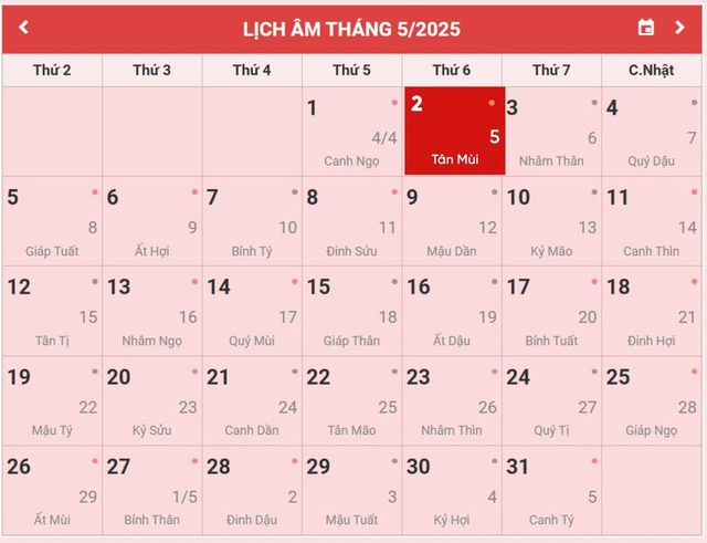 Lịch âm 2/5 - Âm lịch hôm nay 2/5 - Lịch vạn niên ngày 2/5/2025- Ảnh 1. Lịch âm 2/5 - Âm lịch hôm nay 2/5 - Lịch vạn niên ngày 2/5/2025- Ảnh 1.