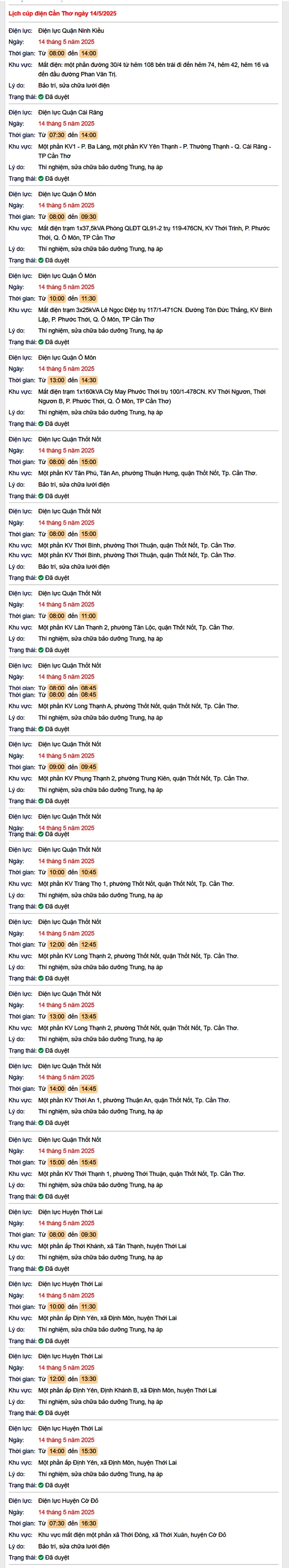 Tra cứu lịch cúp điện hôm nay Thứ 4 ngày 14/5/2025 tại Cần Thơ- Ảnh 1. Tra cứu lịch cúp điện hôm nay Thứ 4 ngày 14/5/2025 tại Cần Thơ- Ảnh 1.