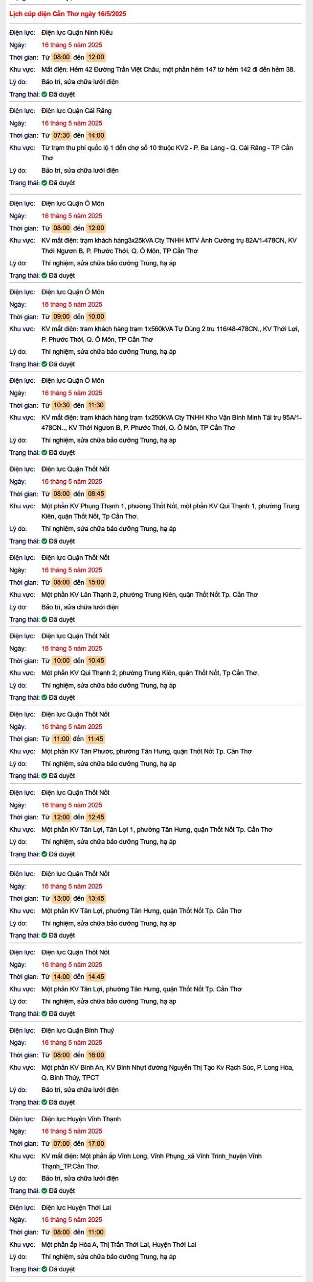 Tra cứu lịch cúp điện hôm nay Thứ 6 ngày 16/5/2025 tại Cần Thơ- Ảnh 1. Tra cứu lịch cúp điện hôm nay Thứ 6 ngày 16/5/2025 tại Cần Thơ- Ảnh 1.