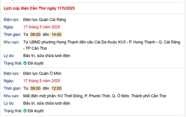 Tra cứu lịch cúp điện hôm nay Thứ 7 ngày 17/5/2025 tại Cần Thơ- Ảnh 1. Tra cứu lịch cúp điện hôm nay Thứ 7 ngày 17/5/2025 tại Cần Thơ- Ảnh 1.