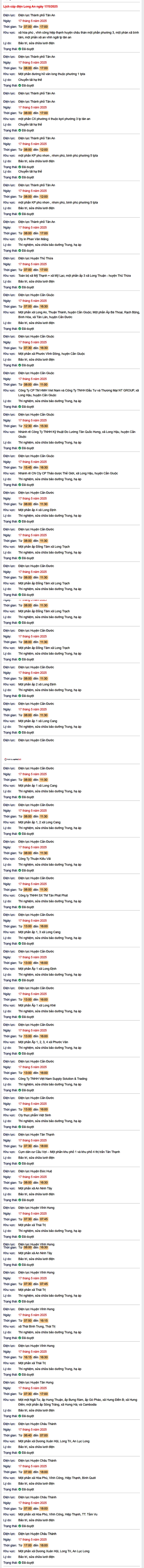 Tra cứu lịch cúp điện hôm nay Thứ 7 ngày 17/5/2025 tại Long An- Ảnh 1. Tra cứu lịch cúp điện hôm nay Thứ 7 ngày 17/5/2025 tại Long An- Ảnh 1.