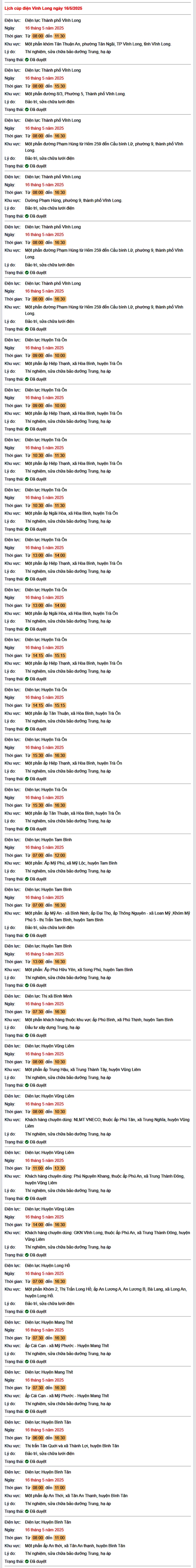 Tra cứu lịch cúp điện hôm nay Thứ 6 ngày 16/5/2025 tại Vĩnh Long- Ảnh 1. Tra cứu lịch cúp điện hôm nay Thứ 6 ngày 16/5/2025 tại Vĩnh Long- Ảnh 1.