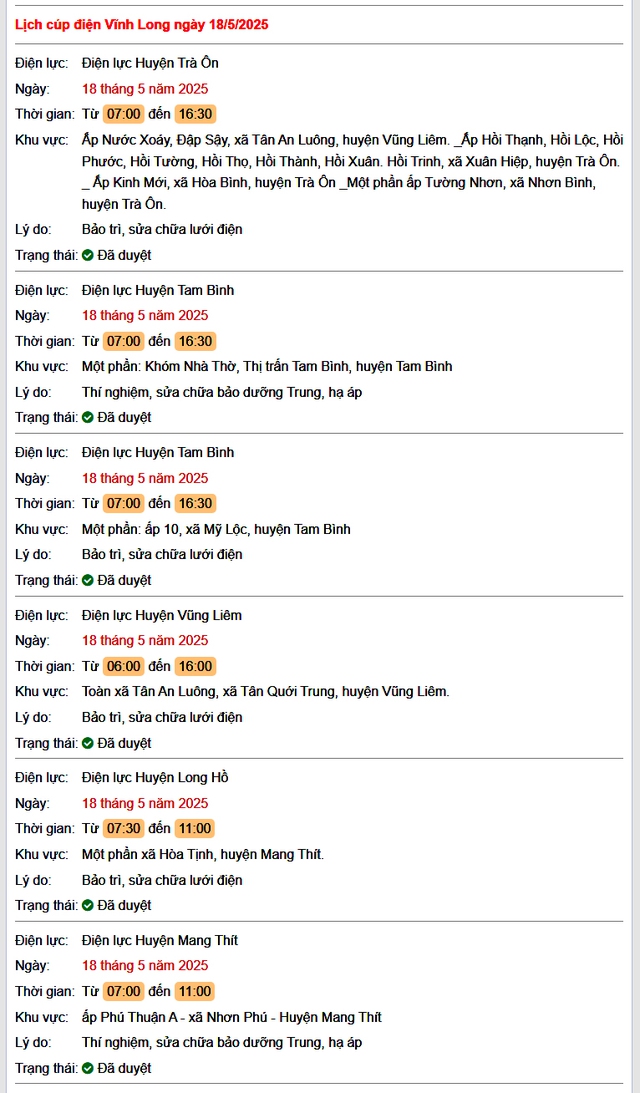 Tra cứu lịch cúp điện hôm nay Chủ Nhật ngày 18/5/2025 tại Vĩnh Long- Ảnh 1. Tra cứu lịch cúp điện hôm nay Chủ Nhật ngày 18/5/2025 tại Vĩnh Long- Ảnh 1.