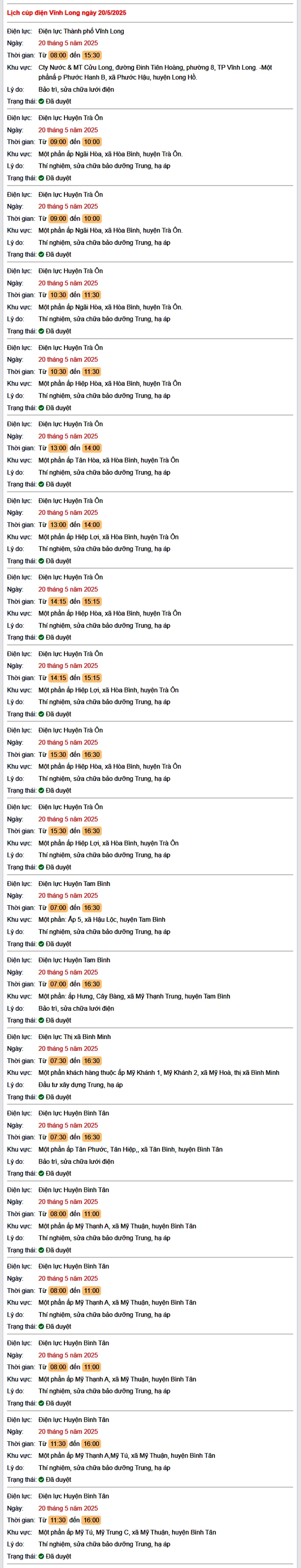 Tra cứu lịch cúp điện hôm nay Thứ 3 ngày 20/5/2025 tại Vĩnh Long- Ảnh 1. Tra cứu lịch cúp điện hôm nay Thứ 3 ngày 20/5/2025 tại Vĩnh Long- Ảnh 1.