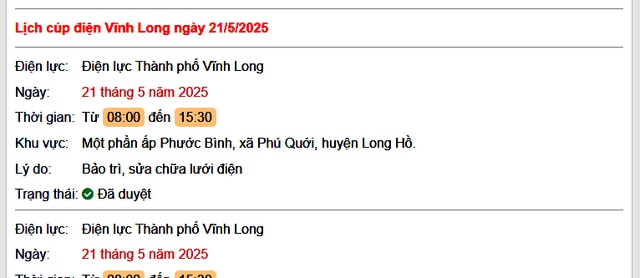 Tra cứu lịch cúp điện hôm nay Thứ 4 ngày 21/5/2025 tại Vĩnh Long- Ảnh 1. Tra cứu lịch cúp điện hôm nay Thứ 4 ngày 21/5/2025 tại Vĩnh Long- Ảnh 1.