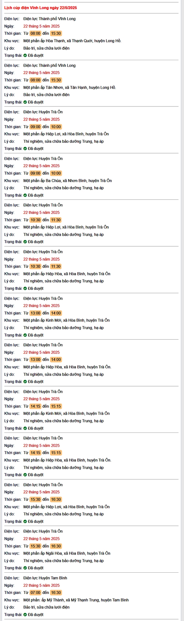 Tra cứu lịch cúp điện hôm nay Thứ 5 ngày 22/5/2025 tại Vĩnh Long- Ảnh 1. Tra cứu lịch cúp điện hôm nay Thứ 5 ngày 22/5/2025 tại Vĩnh Long- Ảnh 1.