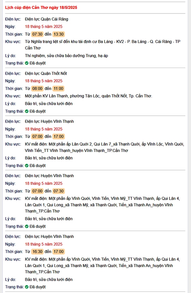 Tra cứu lịch cúp điện hôm nay Chủ Nhật ngày 18/5/2025 tại Cần Thơ- Ảnh 1. Tra cứu lịch cúp điện hôm nay Chủ Nhật ngày 18/5/2025 tại Cần Thơ- Ảnh 1.