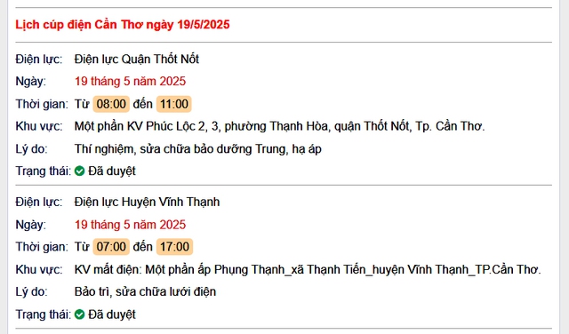 Tra cứu lịch cúp điện hôm nay Thứ 2 ngày 19/5/2025 tại Cần Thơ- Ảnh 1. Tra cứu lịch cúp điện hôm nay Thứ 2 ngày 19/5/2025 tại Cần Thơ- Ảnh 1.
