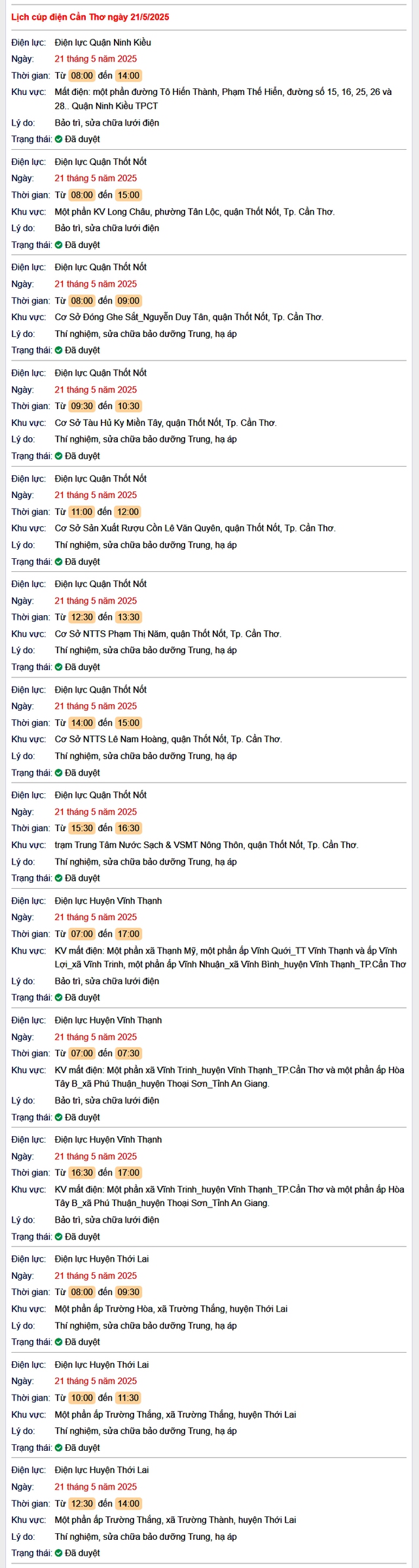 Tra cứu lịch cúp điện hôm nay Thứ 4 ngày 21/5/2025 tại Cần Thơ- Ảnh 1. Tra cứu lịch cúp điện hôm nay Thứ 4 ngày 21/5/2025 tại Cần Thơ- Ảnh 1.