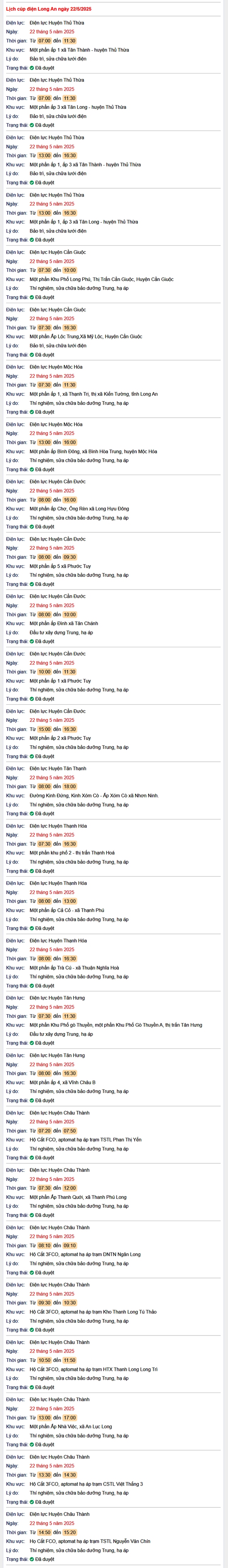 Tra cứu lịch cúp điện hôm nay Thứ 5 ngày 22/5/2025 tại Long An- Ảnh 1. Tra cứu lịch cúp điện hôm nay Thứ 5 ngày 22/5/2025 tại Long An- Ảnh 1.