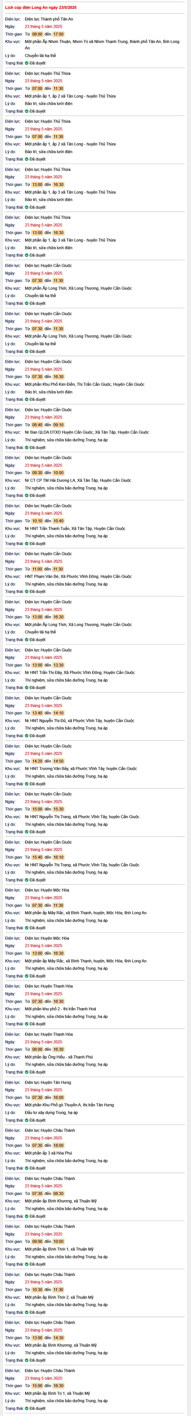 Tra cứu lịch cúp điện hôm nay Thứ 6 ngày 23/5/2025 tại Long An- Ảnh 1. Tra cứu lịch cúp điện hôm nay Thứ 6 ngày 23/5/2025 tại Long An- Ảnh 1.