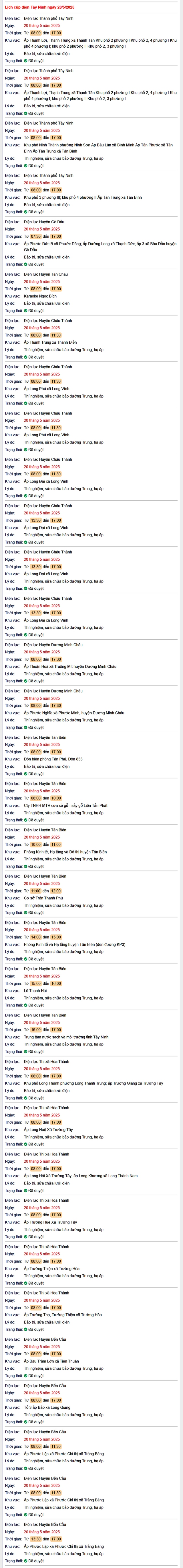 Tra cứu lịch cúp điện hôm nay Thứ 3 ngày 20/5/2025 tại Tây Ninh- Ảnh 1. Tra cứu lịch cúp điện hôm nay Thứ 3 ngày 20/5/2025 tại Tây Ninh- Ảnh 1.