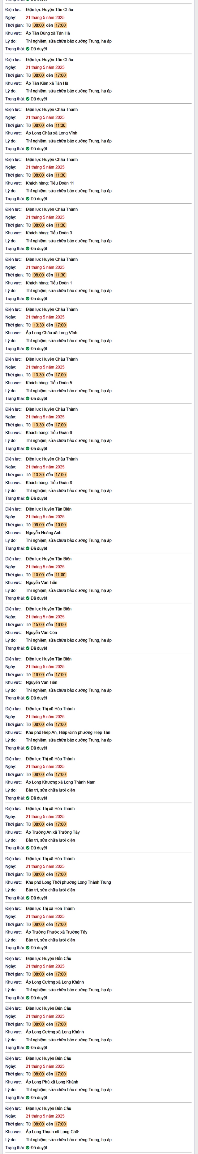 Tra cứu lịch cúp điện hôm nay Thứ 4 ngày 21/5/2025 tại Tây Ninh- Ảnh 2. Tra cứu lịch cúp điện hôm nay Thứ 4 ngày 21/5/2025 tại Tây Ninh- Ảnh 2.