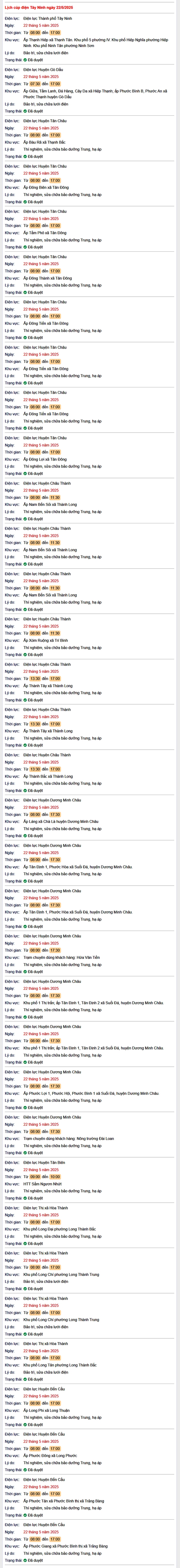 Tra cứu lịch cúp điện hôm nay Thứ 5 ngày 22/5/2025 tại Tây Ninh- Ảnh 1. Tra cứu lịch cúp điện hôm nay Thứ 5 ngày 22/5/2025 tại Tây Ninh- Ảnh 1.