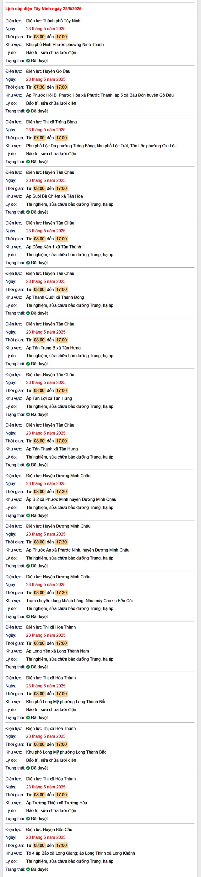 Tra cứu lịch cúp điện hôm nay Thứ 6 ngày 23/5/2025 tại Tây Ninh- Ảnh 1. Tra cứu lịch cúp điện hôm nay Thứ 6 ngày 23/5/2025 tại Tây Ninh- Ảnh 1.