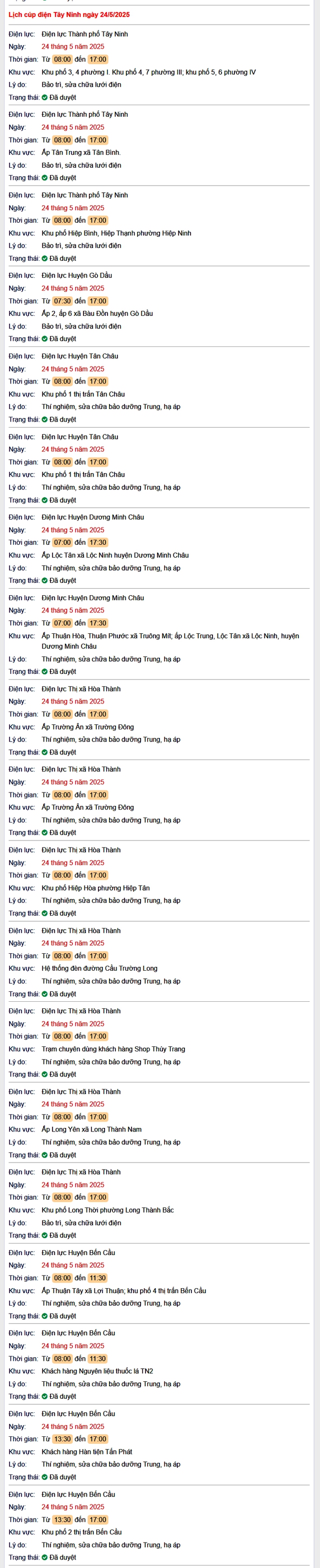 Tra cứu lịch cúp điện hôm nay Thứ 7 ngày 24/5/2025 tại Tây Ninh- Ảnh 1.