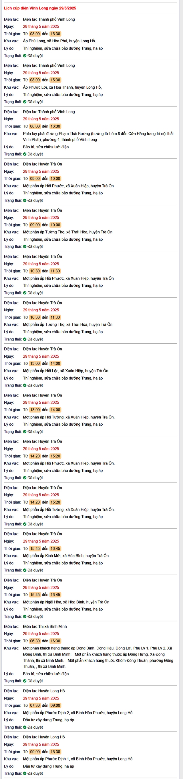 Tra cứu lịch cúp điện hôm nay Thứ 5 ngày 29/5/2025 tại Vĩnh Long- Ảnh 1. Tra cứu lịch cúp điện hôm nay Thứ 5 ngày 29/5/2025 tại Vĩnh Long- Ảnh 1.