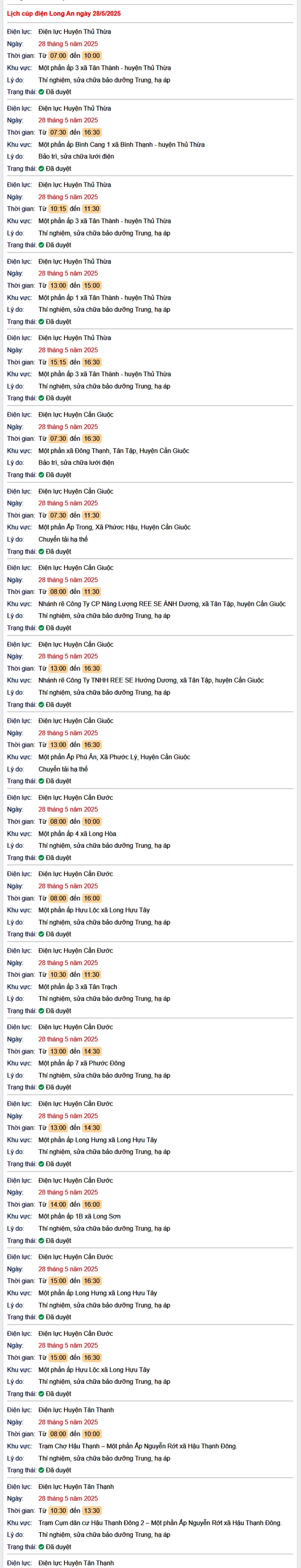 Tra cứu lịch cúp điện hôm nay Thứ 4 ngày 28/5/2025 tại Long An- Ảnh 1. Tra cứu lịch cúp điện hôm nay Thứ 4 ngày 28/5/2025 tại Long An- Ảnh 1.