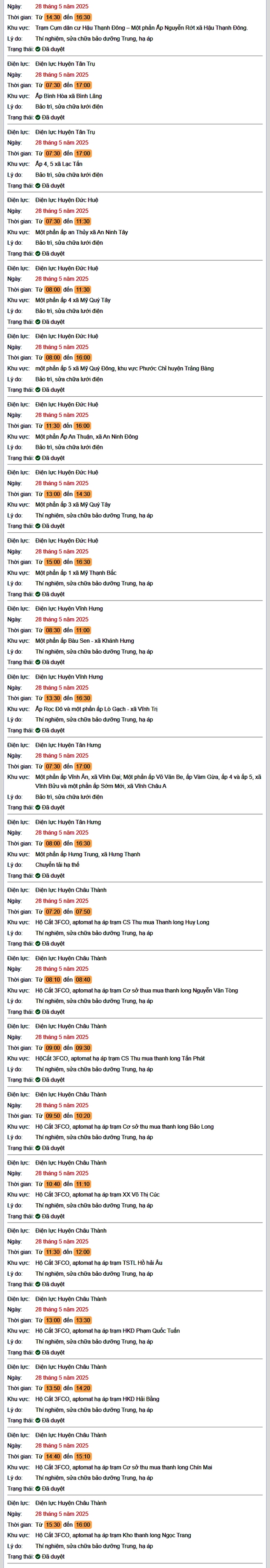 Tra cứu lịch cúp điện hôm nay Thứ 4 ngày 28/5/2025 tại Long An- Ảnh 2. Tra cứu lịch cúp điện hôm nay Thứ 4 ngày 28/5/2025 tại Long An- Ảnh 2.