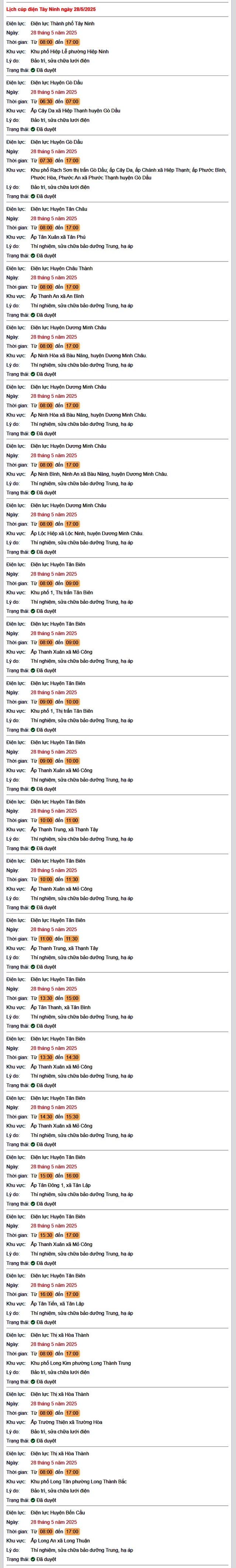 Tra cứu lịch cúp điện hôm nay Thứ 4 ngày 28/5/2025 tại Tây Ninh- Ảnh 1. Tra cứu lịch cúp điện hôm nay Thứ 4 ngày 28/5/2025 tại Tây Ninh- Ảnh 1.