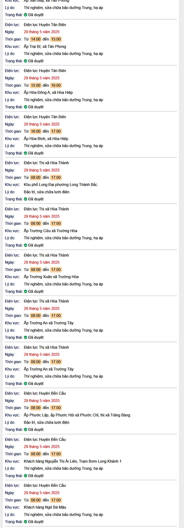 Tra cứu lịch cúp điện hôm nay Thứ 5 ngày 29/5/2025 tại Tây Ninh- Ảnh 2. Tra cứu lịch cúp điện hôm nay Thứ 5 ngày 29/5/2025 tại Tây Ninh- Ảnh 2.