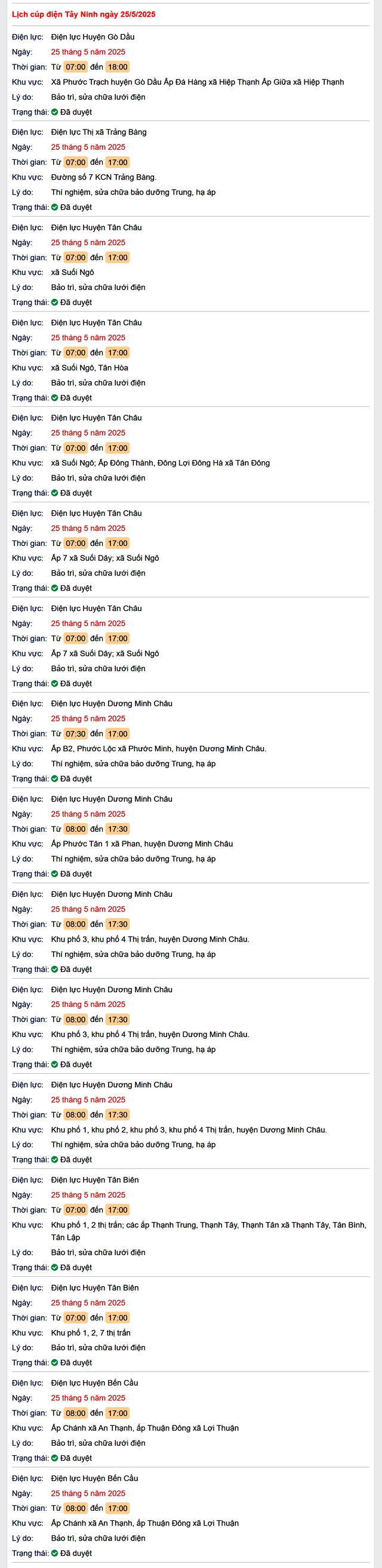 Tra cứu lịch cúp điện hôm nay Chủ Nhật ngày 25/5/2025 tại Tây Ninh- Ảnh 1. Tra cứu lịch cúp điện hôm nay Chủ Nhật ngày 25/5/2025 tại Tây Ninh- Ảnh 1.