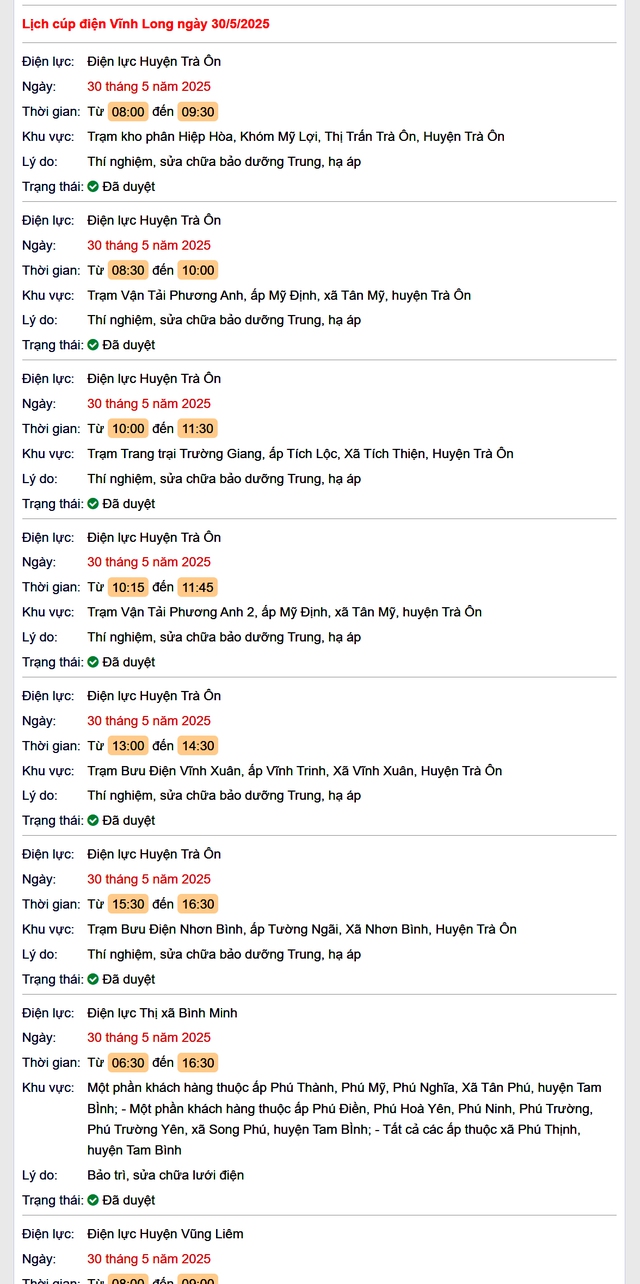Tra cứu lịch cúp điện hôm nay Thứ 6 ngày 30/5/2025 tại Vĩnh Long- Ảnh 1. Tra cứu lịch cúp điện hôm nay Thứ 6 ngày 30/5/2025 tại Vĩnh Long- Ảnh 1.