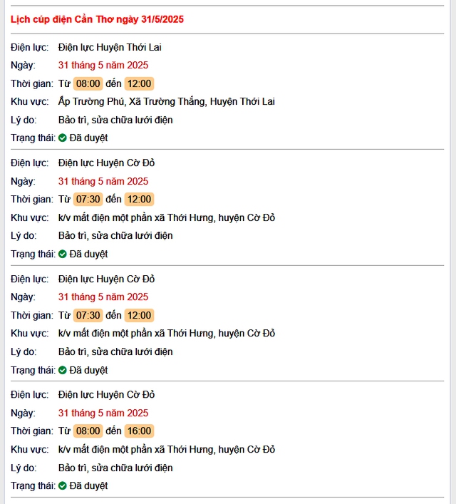 Tra cứu lịch cúp điện hôm nay Thứ 7 ngày 31/5/2025 tại Cần Thơ- Ảnh 1. Tra cứu lịch cúp điện hôm nay Thứ 7 ngày 31/5/2025 tại Cần Thơ- Ảnh 1.
