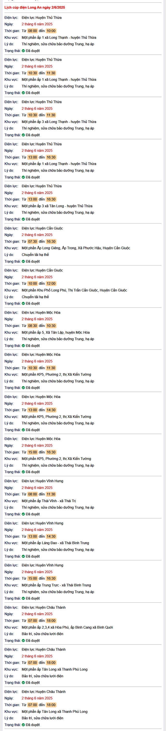 Tra cứu lịch cúp điện hôm nay Thứ 2 ngày 2/6/2025 tại Long An- Ảnh 1. Tra cứu lịch cúp điện hôm nay Thứ 2 ngày 2/6/2025 tại Long An- Ảnh 1.