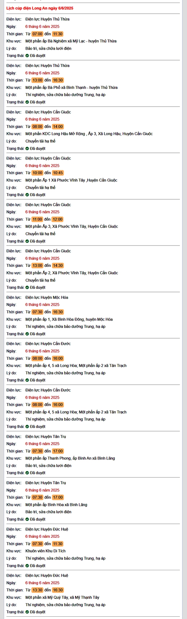Tra cứu lịch cúp điện hôm nay Thứ 6 ngày 6/6/2025 tại Long An- Ảnh 1. Tra cứu lịch cúp điện hôm nay Thứ 6 ngày 6/6/2025 tại Long An- Ảnh 1.