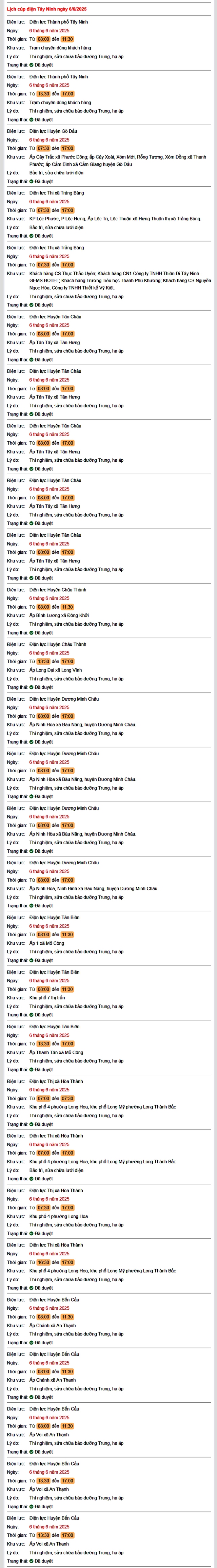 Tra cứu lịch cúp điện hôm nay Thứ 6 ngày 6/6/2025 tại Tây Ninh- Ảnh 1. Tra cứu lịch cúp điện hôm nay Thứ 6 ngày 6/6/2025 tại Tây Ninh- Ảnh 1.