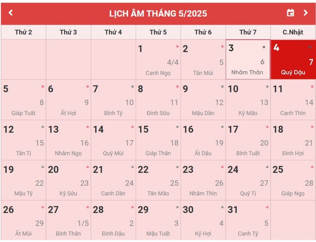 Lịch âm 4/5 - Âm lịch hôm nay 4/5 - Lịch vạn niên ngày 4/5/2025- Ảnh 1. Lịch âm 4/5 - Âm lịch hôm nay 4/5 - Lịch vạn niên ngày 4/5/2025- Ảnh 1.