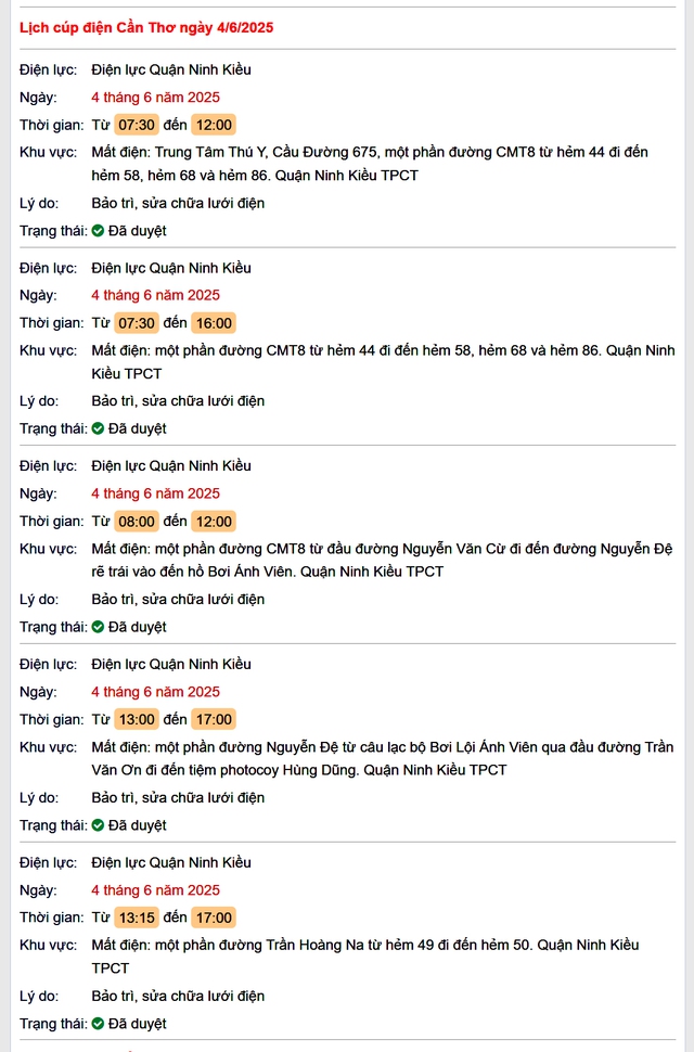Tra cứu lịch cúp điện hôm nay Thứ 4 ngày 4/6/2025 tại Cần Thơ- Ảnh 1. Tra cứu lịch cúp điện hôm nay Thứ 4 ngày 4/6/2025 tại Cần Thơ- Ảnh 1.