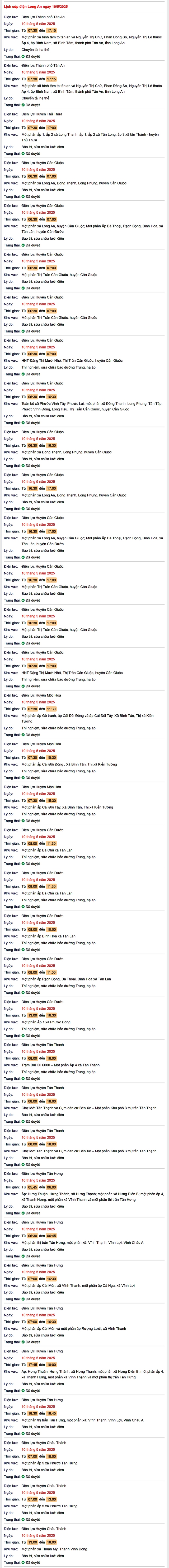 Tra cứu lịch cúp điện hôm nay Thứ 7 ngày 10/5/2025 tại Long An- Ảnh 1. Tra cứu lịch cúp điện hôm nay Thứ 7 ngày 10/5/2025 tại Long An- Ảnh 1.