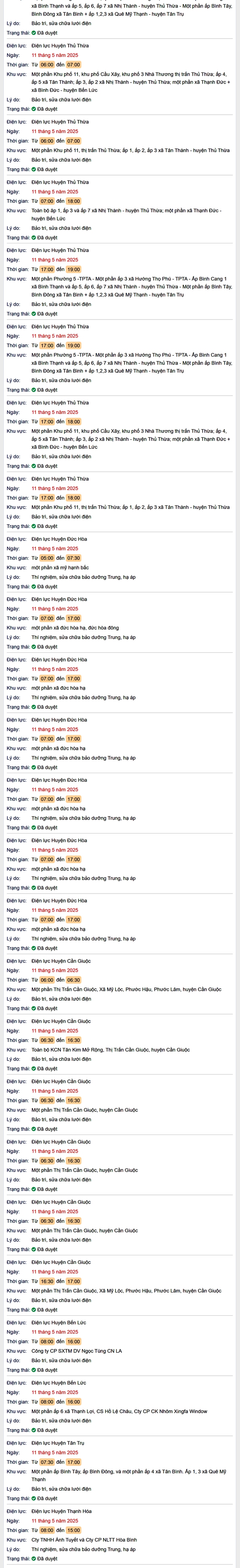 Tra cứu lịch cúp điện hôm nay Chủ Nhật ngày 11/5/2025 tại Long An- Ảnh 2. Tra cứu lịch cúp điện hôm nay Chủ Nhật ngày 11/5/2025 tại Long An- Ảnh 2.