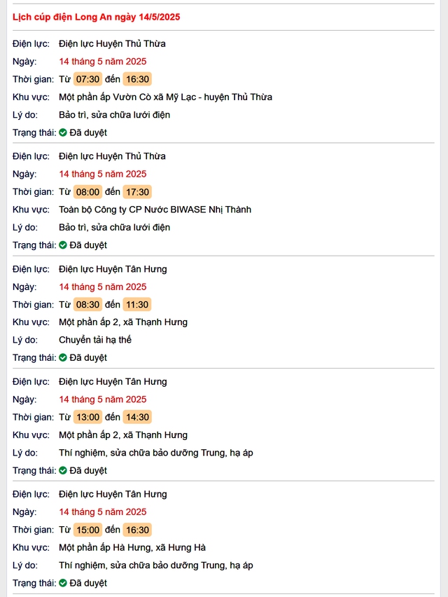 Tra cứu lịch cúp điện hôm nay Thứ 4 ngày 14/5/2025 tại Long An- Ảnh 1. Tra cứu lịch cúp điện hôm nay Thứ 4 ngày 14/5/2025 tại Long An- Ảnh 1.