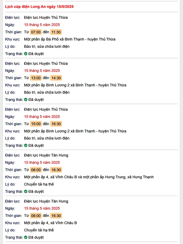 Tra cứu lịch cúp điện hôm nay Thứ 5 ngày 15/5/2025 tại Long An- Ảnh 1. Tra cứu lịch cúp điện hôm nay Thứ 5 ngày 15/5/2025 tại Long An- Ảnh 1.