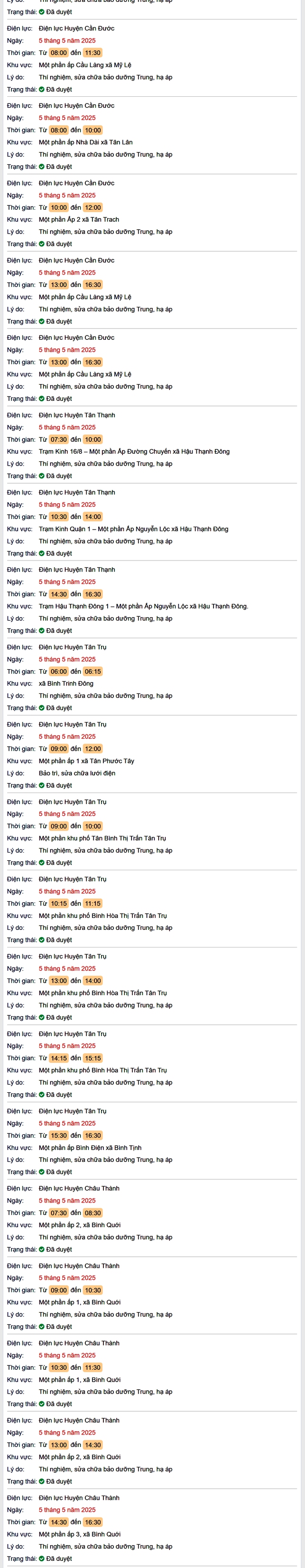 Tra cứu lịch cúp điện hôm nay Thứ 2 ngày 5/5/2025 tại Long An- Ảnh 2. Tra cứu lịch cúp điện hôm nay Thứ 2 ngày 5/5/2025 tại Long An- Ảnh 2.