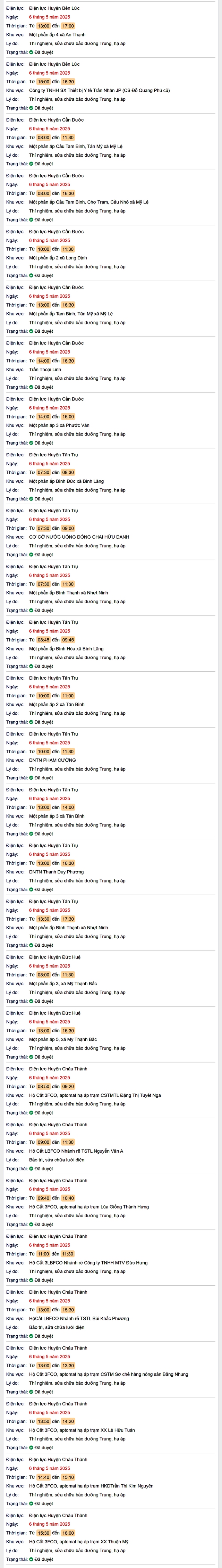 Tra cứu lịch cúp điện hôm nay Thứ 3 ngày 6/5/2025 tại Long An- Ảnh 2. Tra cứu lịch cúp điện hôm nay Thứ 3 ngày 6/5/2025 tại Long An- Ảnh 2.