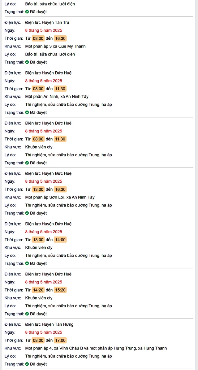 Tra cứu lịch cúp điện hôm nay Thứ 5 ngày 8/5/2025 tại Long An- Ảnh 2. Tra cứu lịch cúp điện hôm nay Thứ 5 ngày 8/5/2025 tại Long An- Ảnh 2.