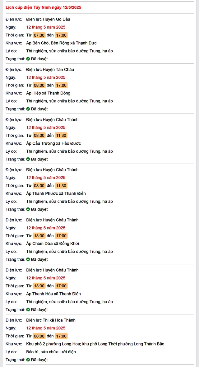 Tra cứu lịch cúp điện hôm nay Thứ 2 ngày 12/5/2025 tại Tây Ninh- Ảnh 1. Tra cứu lịch cúp điện hôm nay Thứ 2 ngày 12/5/2025 tại Tây Ninh- Ảnh 1.