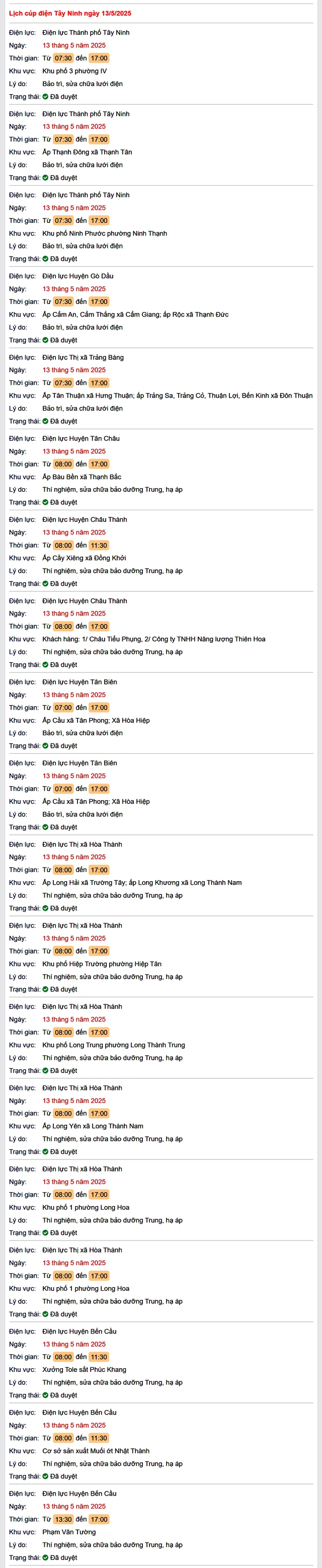 Tra cứu lịch cúp điện hôm nay Thứ 3 ngày 13/5/2025 tại Tây Ninh- Ảnh 1. Tra cứu lịch cúp điện hôm nay Thứ 3 ngày 13/5/2025 tại Tây Ninh- Ảnh 1.