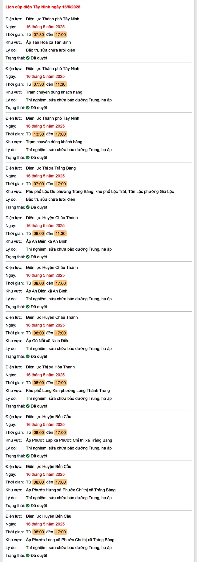 Tra cứu lịch cúp điện hôm nay Thứ 6 ngày 16/5/2025 tại Tây Ninh- Ảnh 1. Tra cứu lịch cúp điện hôm nay Thứ 6 ngày 16/5/2025 tại Tây Ninh- Ảnh 1.