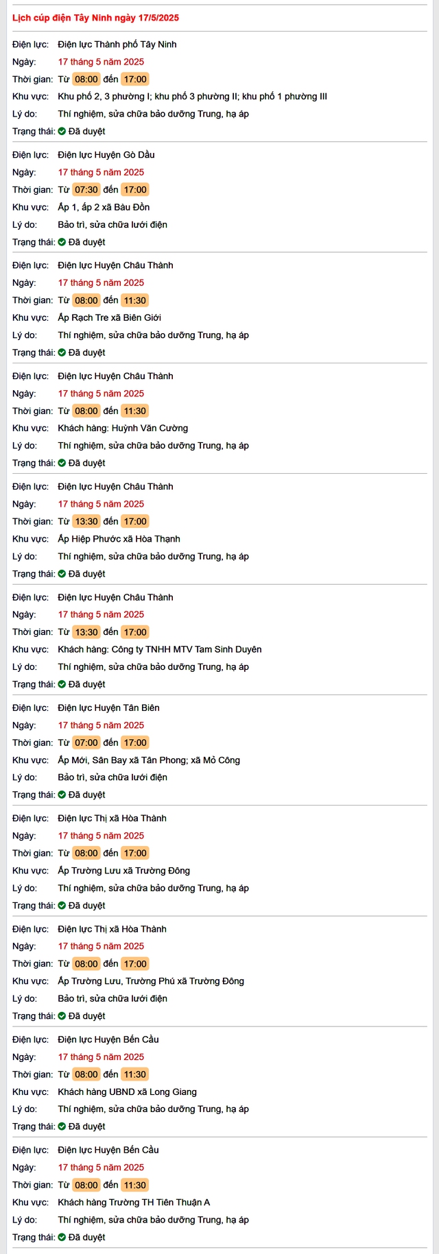 Tra cứu lịch cúp điện hôm nay Thứ 7 ngày 17/5/2025 tại Tây Ninh- Ảnh 1. Tra cứu lịch cúp điện hôm nay Thứ 7 ngày 17/5/2025 tại Tây Ninh- Ảnh 1.