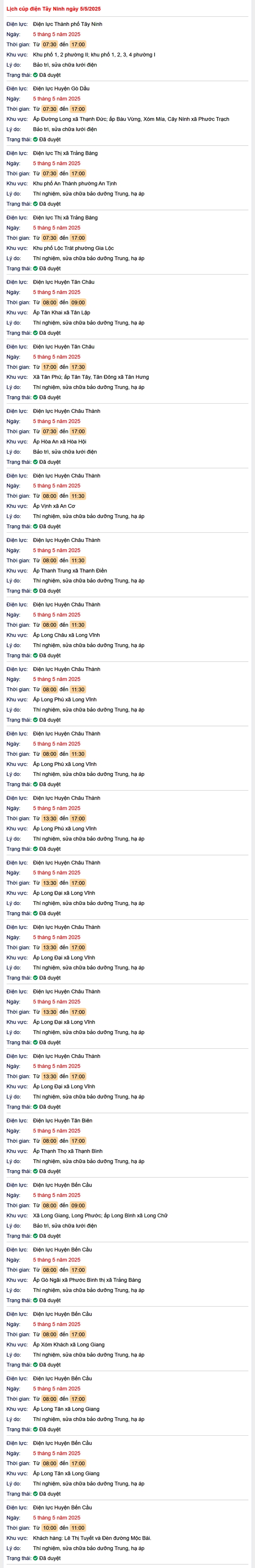 Tra cứu lịch cúp điện hôm nay Thứ 2 ngày 5/5/2025 tại Tây Ninh- Ảnh 1. Tra cứu lịch cúp điện hôm nay Thứ 2 ngày 5/5/2025 tại Tây Ninh- Ảnh 1.
