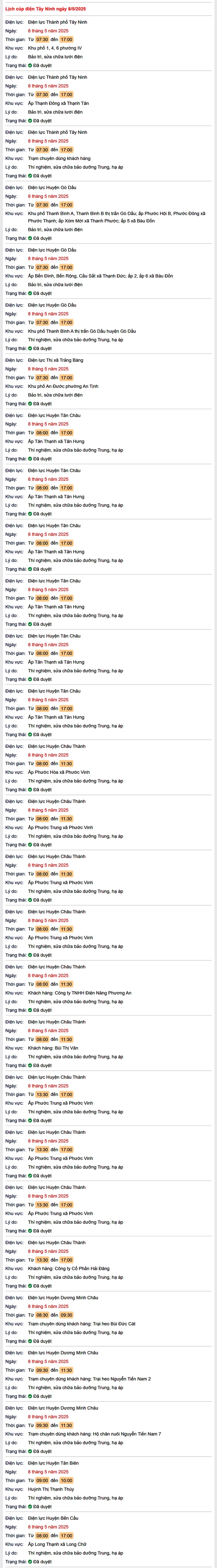 Tra cứu lịch cúp điện hôm nay Thứ 5 ngày 8/5/2025 tại Tây Ninh- Ảnh 1. Tra cứu lịch cúp điện hôm nay Thứ 5 ngày 8/5/2025 tại Tây Ninh- Ảnh 1.