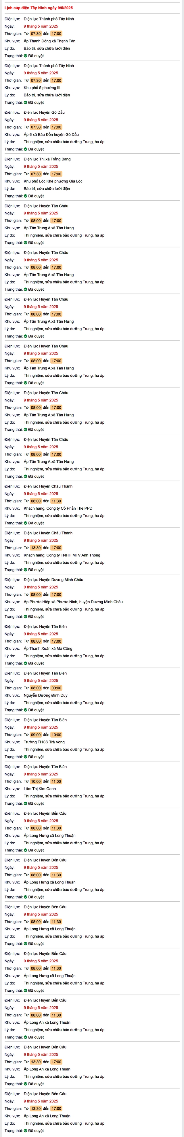 Tra cứu lịch cúp điện hôm nay Thứ 6 ngày 9/5/2025 tại Tây Ninh- Ảnh 1. Tra cứu lịch cúp điện hôm nay Thứ 6 ngày 9/5/2025 tại Tây Ninh- Ảnh 1.