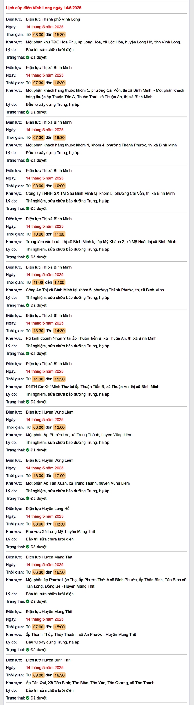 Tra cứu lịch cúp điện hôm nay Thứ 4 ngày 14/5/2025 tại Vĩnh Long- Ảnh 1. Tra cứu lịch cúp điện hôm nay Thứ 4 ngày 14/5/2025 tại Vĩnh Long- Ảnh 1.